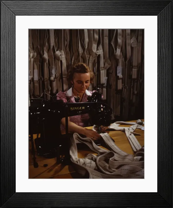 Framed Print : Making harnesses, Mary Saverick stitching, Pioneer Parachute Company Mills, Manchester, Conn. 1942. Creator: William Rittase Framed Print : Making harnesses, Mary Saverick stitching, Pioneer Parachute Company Mills, Manchester, Conn. 1942. Creator: William Rittase