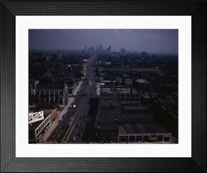 Framed Print : Looking south from the Maccabees Building with the Detroit skyline in distance, Detroit, Mich. 1942 Creator: Arthurs Siegel Framed Print : Looking south from the Maccabees Building with the Detroit skyline in distance, Detroit, Mich. 1942 Creator: Arthurs Siegel