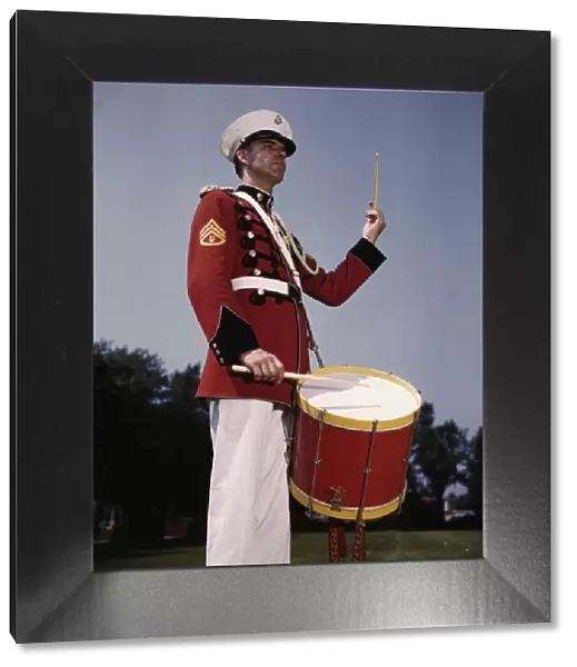 U. S. Marine Band drummer, probably at the Marine Barracks, Washington, D. C. 1942. Creator: Alfred T Palmer