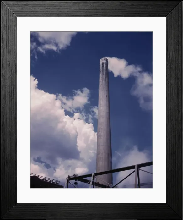 Framed Print : Smoke stack of TVA chemical plant where elemental... vicinity of Muscle Shoals, Alabama, 1942. Creator: Alfred T Palmer Framed Print : Smoke stack of TVA chemical plant where elemental... vicinity of Muscle Shoals, Alabama, 1942. Creator: Alfred T Palmer