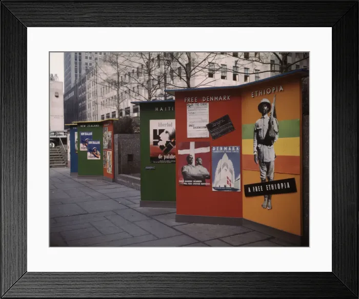 Framed Print : Rockefeller Plaza, exhibit [for] United Nations by OWI, New York, N. Y. 1943. Creator: Marjory Collins