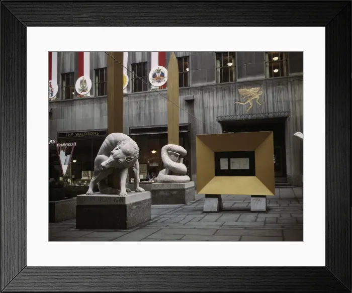 Framed Print : United Nations exhibit put on by OWI in Rockefeller Plaza, New York, N. Y. 1943. Creator: Marjory Collins Framed Print : United Nations exhibit put on by OWI in Rockefeller Plaza, New York, N. Y. 1943. Creator: Marjory Collins