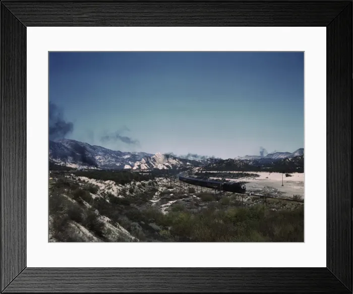 Framed Print : Santa Fe R. R. trains going through Cajon Pass in the San Bernardino Mountains, Cajon, Calif. 1943. Creator: Jack Delano Framed Print : Santa Fe R. R. trains going through Cajon Pass in the San Bernardino Mountains, Cajon, Calif. 1943. Creator: Jack Delano