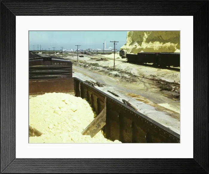 Framed Print : Railroad cars loaded with sulphur, Freeport Sulphur Co. Hoskins Mound, Texas, 1943. Creator: John Vachon Framed Print : Railroad cars loaded with sulphur, Freeport Sulphur Co. Hoskins Mound, Texas, 1943. Creator: John Vachon