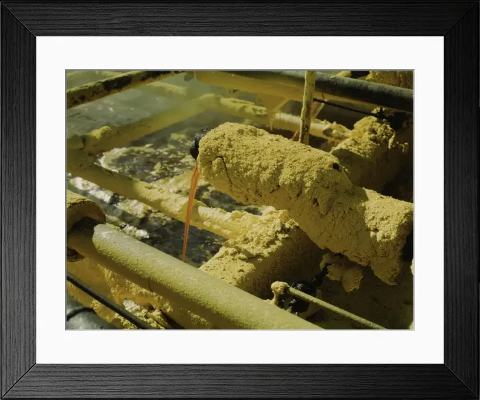 Framed Print : Melted sulphur from the wells pouring into relay... Freeport Sulphur Co, Hoskins Mound, Texas, 1943 Creator: John Vachon Framed Print : Melted sulphur from the wells pouring into relay... Freeport Sulphur Co, Hoskins Mound, Texas, 1943 Creator: John Vachon