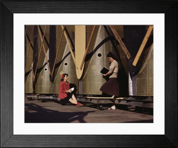 Framed Print : Girl inspectors at the Long Beach, Calif. plant of Douglas Aircraft Company make a careful... 1942 Creator: Alfred T Palmer Framed Print : Girl inspectors at the Long Beach, Calif. plant of Douglas Aircraft Company make a careful... 1942 Creator: Alfred T Palmer