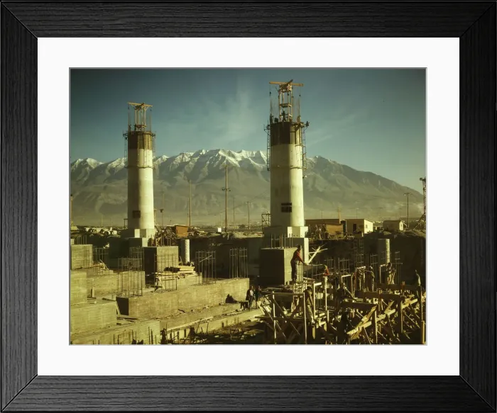 Framed Print : Partly finished open hearth furnaces and stacks for a... Columbia Steel Co. Geneva, Utah, 1942. Creator: Andreas Feininger Framed Print : Partly finished open hearth furnaces and stacks for a... Columbia Steel Co. Geneva, Utah, 1942. Creator: Andreas Feininger