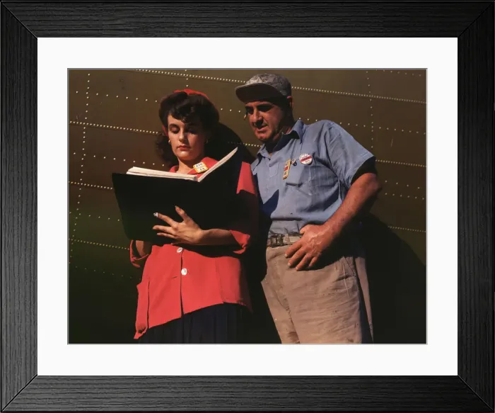 Framed Print : Girl inspector confers with a worker as she... Douglas Aircraft Company, Long Beach, Calif. 1942. Creator: Alfred T Palmer Framed Print : Girl inspector confers with a worker as she... Douglas Aircraft Company, Long Beach, Calif. 1942. Creator: Alfred T Palmer