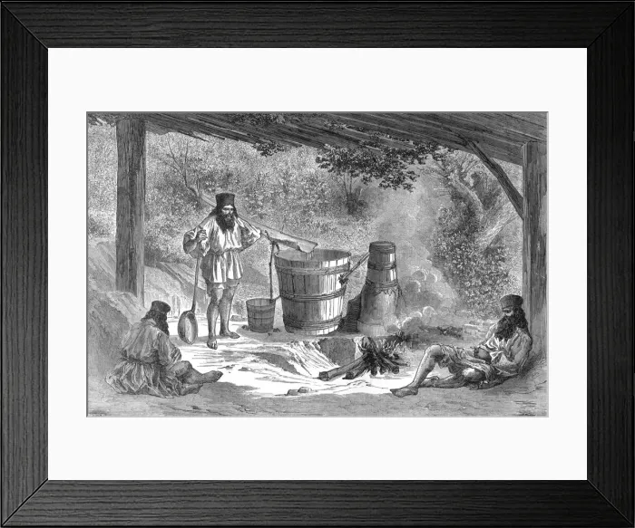 Framed Print : Wallachians Distilling Slievovitz; A Visit to the Danubian Principalities, 1875. Creator: Nelson Boyd Framed Print : Wallachians Distilling Slievovitz; A Visit to the Danubian Principalities, 1875. Creator: Nelson Boyd