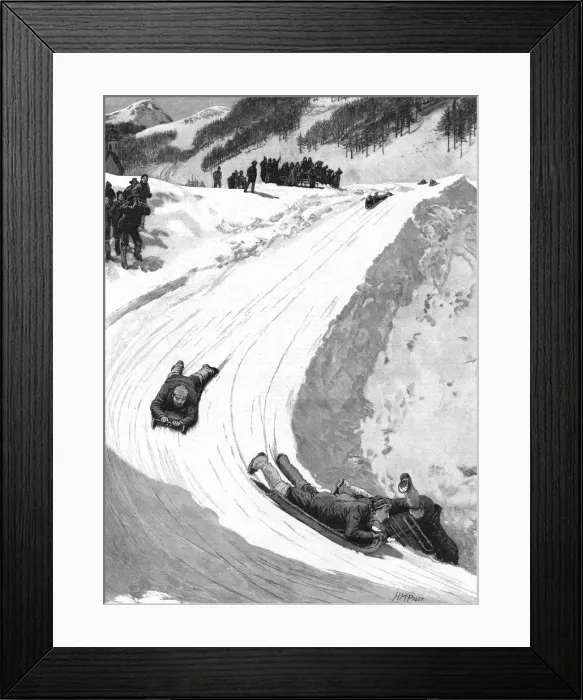 Framed Print : Tobogganing at St. Moritz, Engadine, Switzerland, 1890. Creator: Unknown Framed Print : Tobogganing at St. Moritz, Engadine, Switzerland, 1890. Creator: Unknown