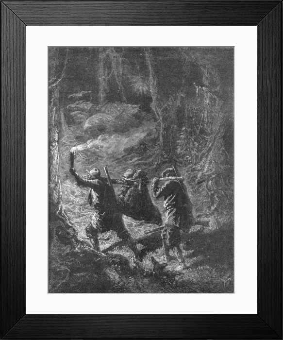 Framed Print : Torch Hunting in a Florida Forest; A Flying Visit to Florida, 1875. Creator: Thomas Mayne Reid Framed Print : Torch Hunting in a Florida Forest; A Flying Visit to Florida, 1875. Creator: Thomas Mayne Reid