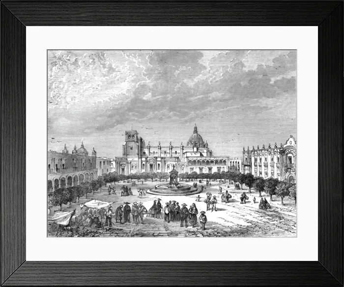 Framed Print : A Mexican Plaza Grande; A zigzag journey through Mexico, 1875. Creator: Thomas Mayne Reid Framed Print : A Mexican Plaza Grande; A zigzag journey through Mexico, 1875. Creator: Thomas Mayne Reid