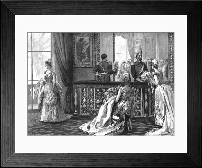 Framed Print : A Drawing-Room at Buchingham Palace -- Waiting in the Pen'before the presentation to... 1890. Creator: Unknown Framed Print : A Drawing-Room at Buchingham Palace -- Waiting in the Pen'before the presentation to... 1890. Creator: Unknown