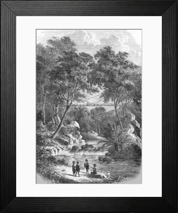 Framed Print : Bamboo Bridge of the Western Dyaks; A Visit to Borneo, 1875. Creator: A. M. Cameron Framed Print : Bamboo Bridge of the Western Dyaks; A Visit to Borneo, 1875. Creator: A. M. Cameron