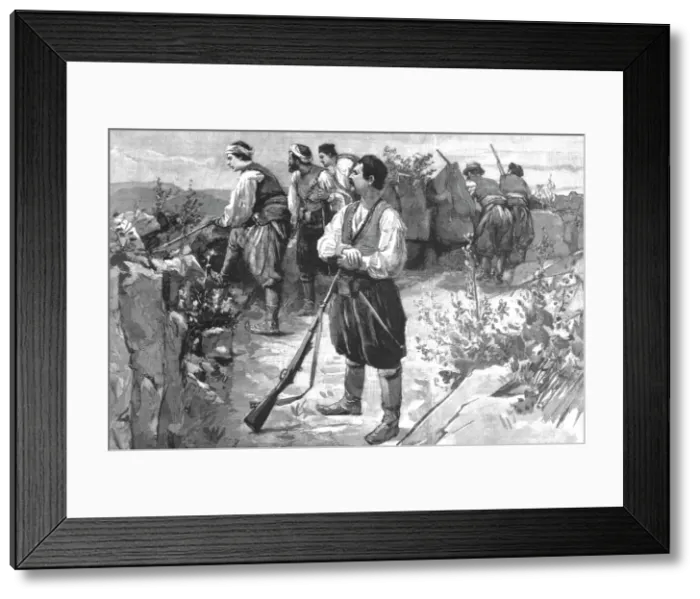 Framed Print : The Troubles in Crete--Insurgents in a mountain fastness on the look-out for the Turkish troops, Creator: Unknown Framed Print : The Troubles in Crete--Insurgents in a mountain fastness on the look-out for the Turkish troops, Creator: Unknown