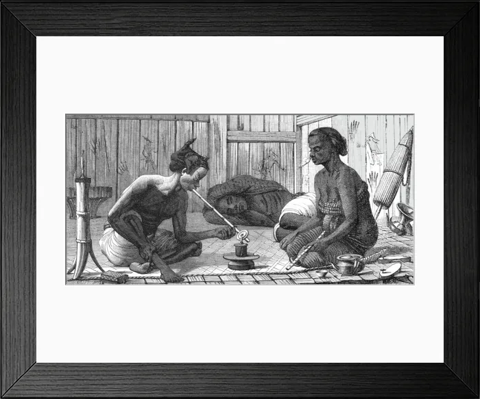 Framed Print : Malay Opium-smokers; A Visit to Borneo, 1875. Creator: A. M. Cameron Framed Print : Malay Opium-smokers; A Visit to Borneo, 1875. Creator: A. M. Cameron