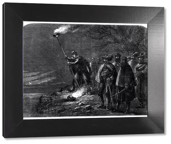 The War in America: a night alarm in the Federal camp - signalling from the right bank... 1862. Creator: Unknown