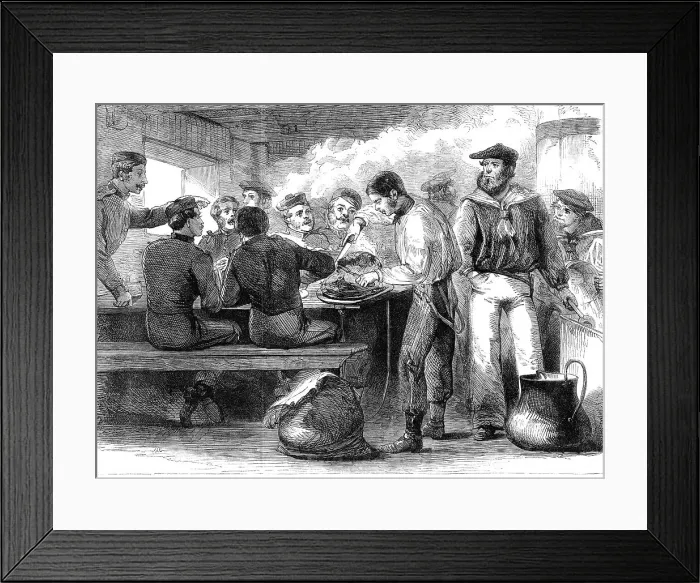 Framed Print : The Reinforcements for Canada: dinner-time and serving out of the grog on board a troop... 1862. Creator: Unknown Framed Print : The Reinforcements for Canada: dinner-time and serving out of the grog on board a troop... 1862. Creator: Unknown