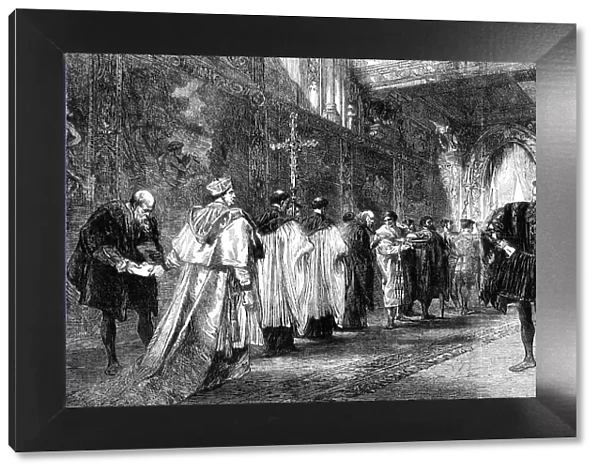 'Cardinal Wolsey and the Duke of Buckingham', by John Gilbert, in the Gallery of the... 1862. Creator: Unknown. 'Cardinal Wolsey and the Duke of Buckingham', by John Gilbert, in the Gallery of the... 1862. Creator: Unknown