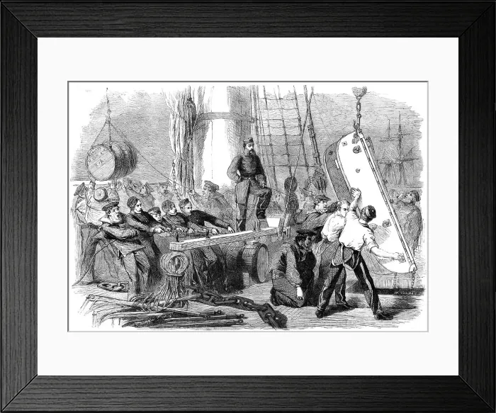 Framed Print : Reinforcements for Canada: shipping sledges on board the Calcutta at Woolwich for guns... 1862. Creator: W Thomas Framed Print : Reinforcements for Canada: shipping sledges on board the Calcutta at Woolwich for guns... 1862. Creator: W Thomas