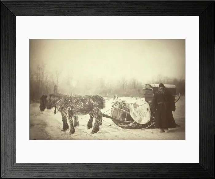 Framed Print : A Siberian posting sledge on a cold morning, with GK [ie, George Kennan]... between 1885 and 86. Creator: George Albert Frost