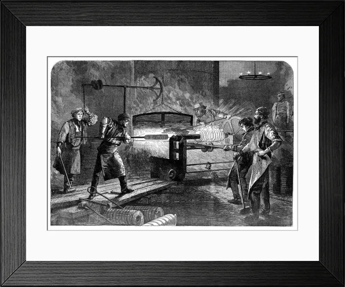Framed Print : Manufacture of the Armstrong Gun at Woolwich Arsenal: coiling the bars, 1862. Creator: Unknown Framed Print : Manufacture of the Armstrong Gun at Woolwich Arsenal: coiling the bars, 1862. Creator: Unknown
