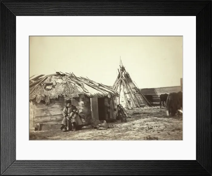 Framed Print : Tatar couple with a small boy in front of their home, between 1885 and 1886. Creator: Unknown Framed Print : Tatar couple with a small boy in front of their home, between 1885 and 1886. Creator: Unknown