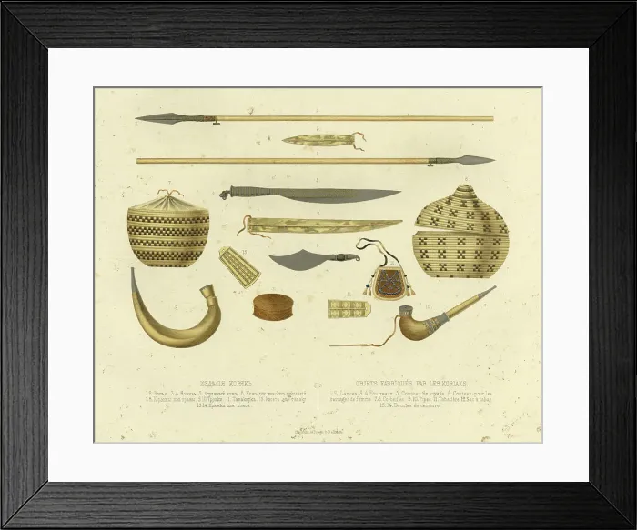 Framed Print : Koryak Artifacts. 1-2. Spears; 3-4. Scabbards; 5. Road Knife; 6. Woman's Knife; 7-8. Grass... 1856. Creator: Ivan Dem'ianovich Bulychev Framed Print : Koryak Artifacts. 1-2. Spears; 3-4. Scabbards; 5. Road Knife; 6. Woman's Knife; 7-8. Grass... 1856. Creator: Ivan Dem'ianovich Bulychev