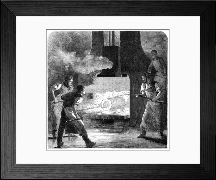 Framed Print : Manufacture of the Armstrong Gun at Woolwich Arsenal: welding the coil, 1862. Creator: W Thomas Framed Print : Manufacture of the Armstrong Gun at Woolwich Arsenal: welding the coil, 1862. Creator: W Thomas