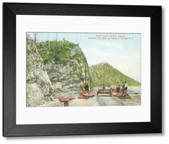 Framed Print : Transbaikal railway. The railroad bed along the bank of the Angara River, 18th verst, 1904-1917. Creator: Unknown Framed Print : Transbaikal railway. The railroad bed along the bank of the Angara River, 18th verst, 1904-1917. Creator: Unknown