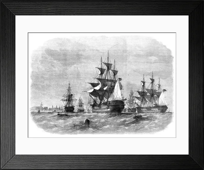Framed Print : View from Spanish Point, Bermuda, showing the dockyard, and the fleet at anchor in Grassy Bay, 1862. Creator: Unknown Framed Print : View from Spanish Point, Bermuda, showing the dockyard, and the fleet at anchor in Grassy Bay, 1862. Creator: Unknown
