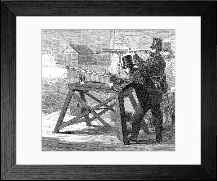 Framed Print : Official trial of small-bore rifles on Plumstead Marshes: the rifle-rest, 1862. Creator: Unknown Framed Print : Official trial of small-bore rifles on Plumstead Marshes: the rifle-rest, 1862. Creator: Unknown