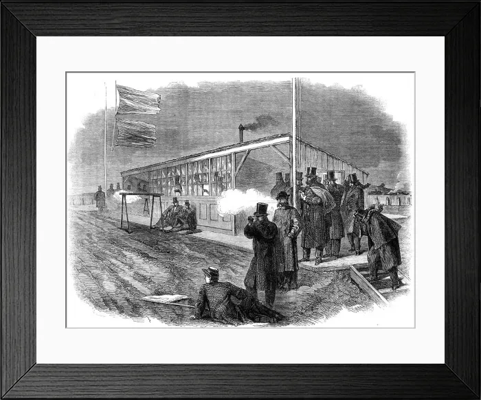 Framed Print : Official trial of small-bore rifles on Plumstead Marshes: firing from the rests, 1862. Creator: Unknown Framed Print : Official trial of small-bore rifles on Plumstead Marshes: firing from the rests, 1862. Creator: Unknown
