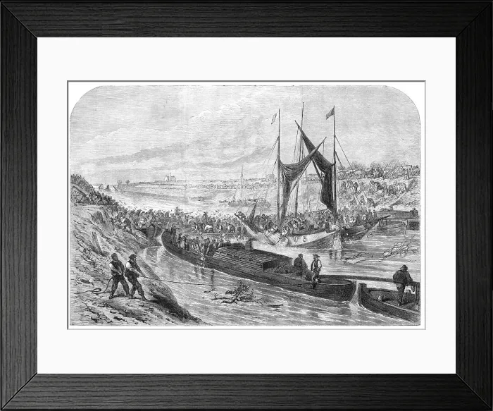 Framed Print : The Great Flood in the Fens: attempt to form a dam in the middle-level drain, 1862. Creator: Unknown Framed Print : The Great Flood in the Fens: attempt to form a dam in the middle-level drain, 1862. Creator: Unknown
