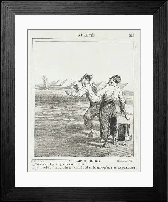 Framed Print : French: Au camp de Chalons -Voila Abdel Kader! Je vais courir le voir -Que t'es bête!... 1865. Creator: Cham Framed Print : French: Au camp de Chalons -Voila Abdel Kader! Je vais courir le voir -Que t'es bête!... 1865. Creator: Cham