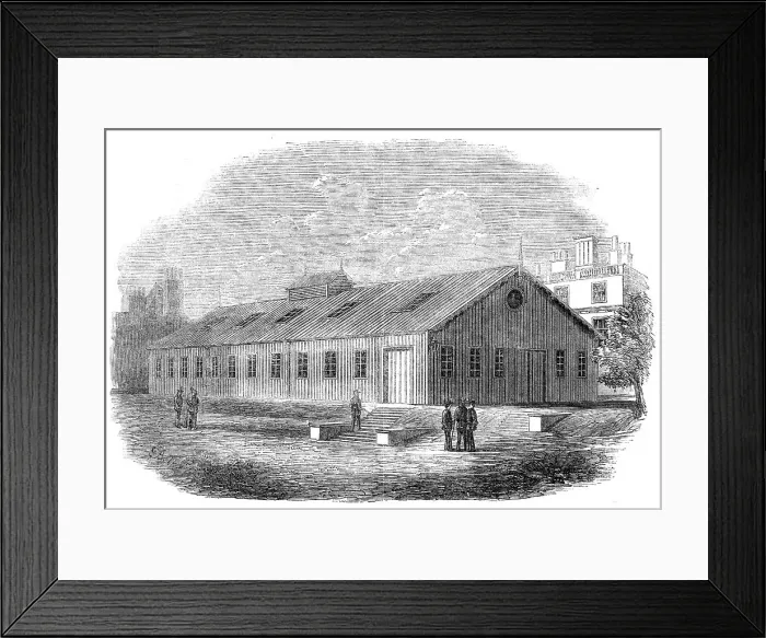 Framed Print : Drill-shed in Burlington Gardens, erected by the South Middlesex Rifle Volunteers, 1862. Creator: Unknown Framed Print : Drill-shed in Burlington Gardens, erected by the South Middlesex Rifle Volunteers, 1862. Creator: Unknown