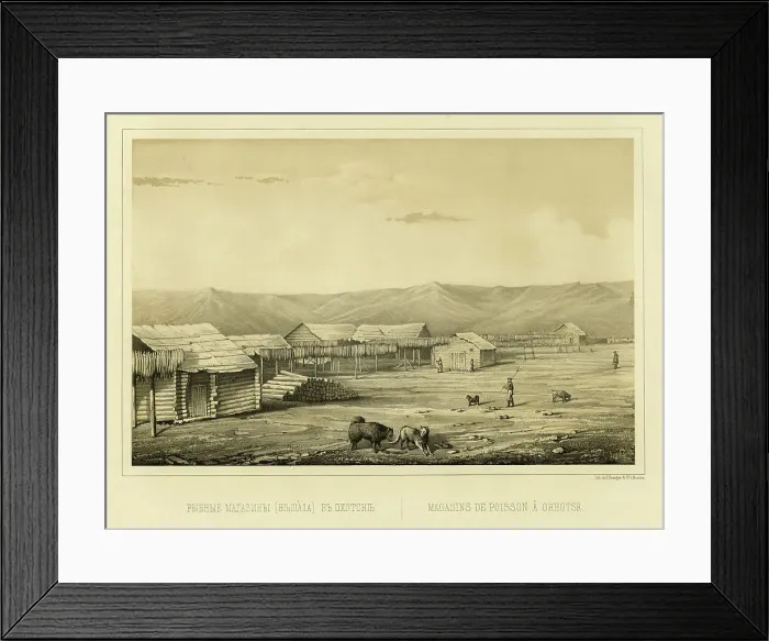 Framed Print : Fish Storehouses (Drying Racks) at Okhotsk, 1856. Creator: Ivan Dem'ianovich Bulychev Framed Print : Fish Storehouses (Drying Racks) at Okhotsk, 1856. Creator: Ivan Dem'ianovich Bulychev