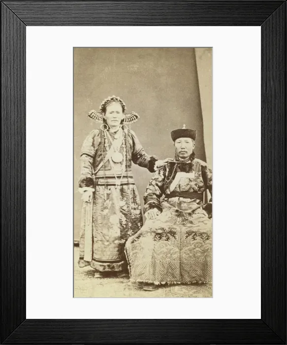 Framed Print : Full-length portrait of wealthy Buriat man and his wife, facing front, between 1870 and 1886. Creator: Unknown Framed Print : Full-length portrait of wealthy Buriat man and his wife, facing front, between 1870 and 1886. Creator: Unknown