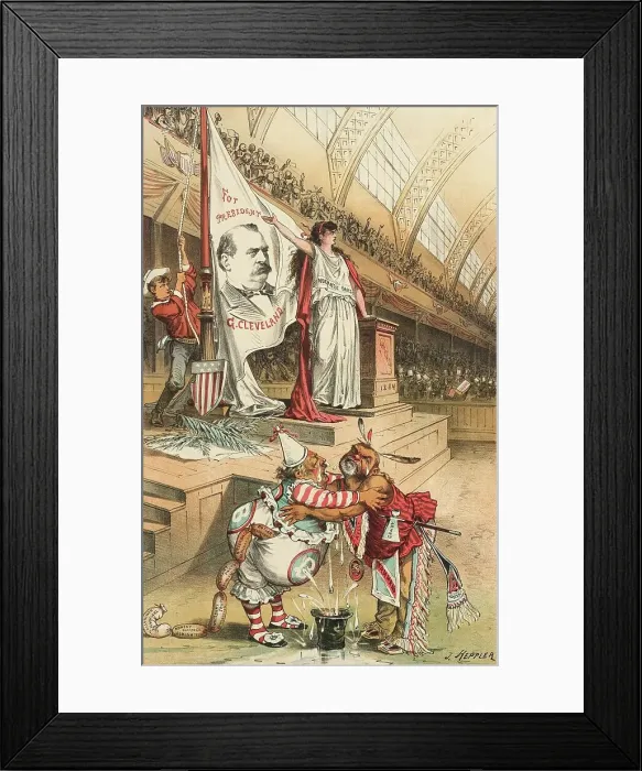 Framed Print : Um dieses Banner düfen die Unabhängigen sich scharen. Cartoon from Puck, between 1880 and 1889. Creator: Joseph Keppler Framed Print : Um dieses Banner düfen die Unabhängigen sich scharen. Cartoon from Puck, between 1880 and 1889. Creator: Joseph Keppler