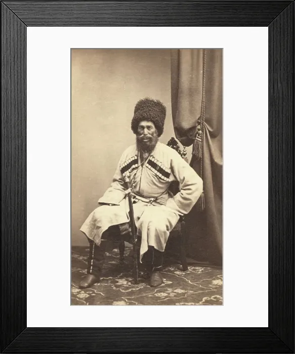Framed Print : Full-length portrait of Transcaucasian man, seated, facing front, between 1870 and 1886. Creator: Unknown Framed Print : Full-length portrait of Transcaucasian man, seated, facing front, between 1870 and 1886. Creator: Unknown
