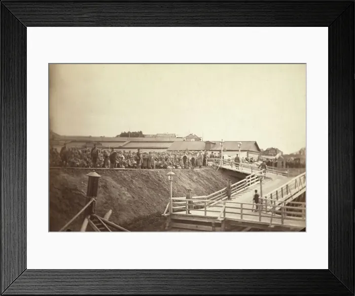 Framed Print : Group of convicts at head of inclined plane leading to barge, between 1885 and 1886. Creator: Unknown Framed Print : Group of convicts at head of inclined plane leading to barge, between 1885 and 1886. Creator: Unknown