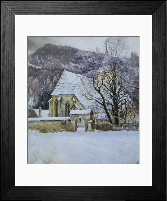 Framed Print : Winter in Rosenthal near Kapellen (Styria) with an old Gothic church, 1915. Creator: Georg Holub Framed Print : Winter in Rosenthal near Kapellen (Styria) with an old Gothic church, 1915. Creator: Georg Holub