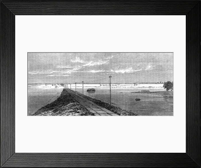 Framed Print : The Flood in the Fens: the submerged railway between Lynn and Wisbeach, 1862. Creator: Unknown Framed Print : The Flood in the Fens: the submerged railway between Lynn and Wisbeach, 1862. Creator: Unknown
