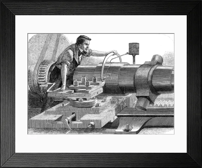 Framed Print : Manufacture of the Armstrong Gun at Woolwich Arsenal: finish-turning a 100-pounder, 1862. Creator: Unknown Framed Print : Manufacture of the Armstrong Gun at Woolwich Arsenal: finish-turning a 100-pounder, 1862. Creator: Unknown