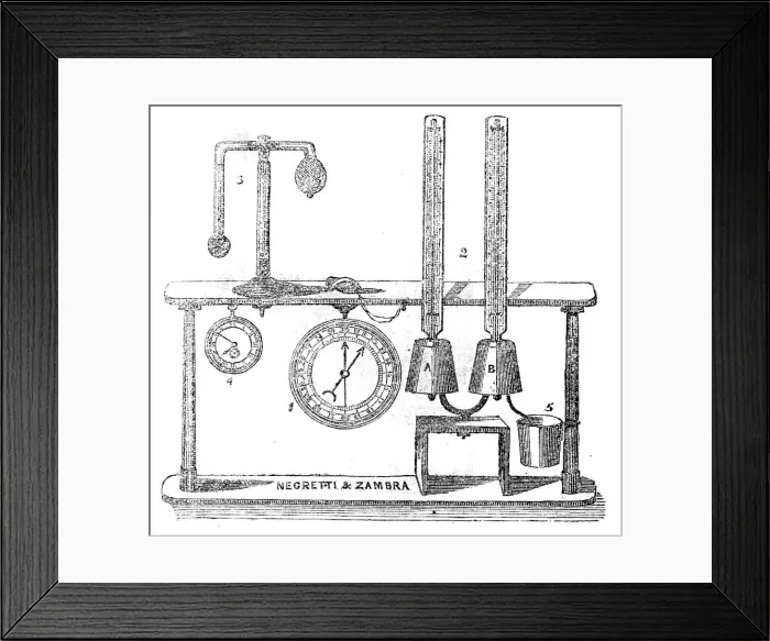 Framed Print : Instruments used by Mr. Glaisher during his balloon ascent, 1862. Creator: Unknown Framed Print : Instruments used by Mr. Glaisher during his balloon ascent, 1862. Creator: Unknown