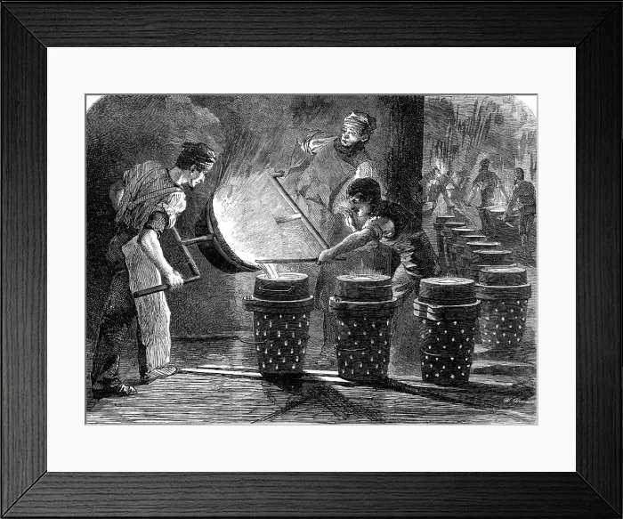 Framed Print : Manufacture of the Armstrong Gun at Woolwich Arsenal: casting the shot and shell for 100... 1862. Creator: W Thomas Framed Print : Manufacture of the Armstrong Gun at Woolwich Arsenal: casting the shot and shell for 100... 1862. Creator: W Thomas