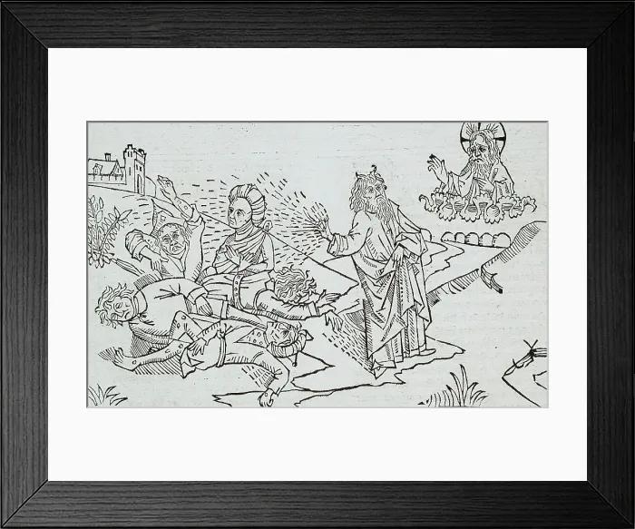 Framed Print : God Sends the Flies to Egypt (recto); God Sends Boils to Egypt (verso), published 1483. Creator: Unknown Framed Print : God Sends the Flies to Egypt (recto); God Sends Boils to Egypt (verso), published 1483. Creator: Unknown