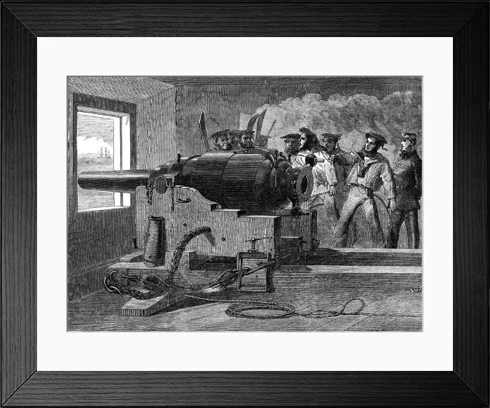 Framed Print : Manufacture of the Armstrong Gun at Woolwich Arsenal: naval practice with a 100-pounder, 1862. Creator: Unknown Framed Print : Manufacture of the Armstrong Gun at Woolwich Arsenal: naval practice with a 100-pounder, 1862. Creator: Unknown