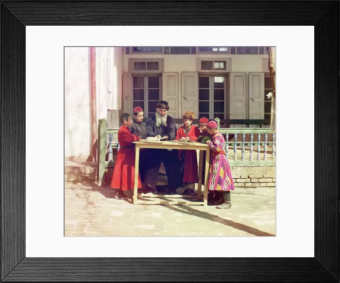 Framed Print : Group of Jewish children with a teacher, Samarkand, between 1905 and 1915. Creator: Sergey Mikhaylovich Prokudin-Gorsky