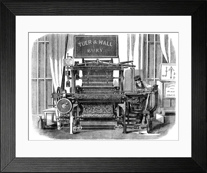 Framed Print : The International Exhibition: Tuer and Hall's power-loom for weaving carpets... 1862. Creator: E Bourdelin Framed Print : The International Exhibition: Tuer and Hall's power-loom for weaving carpets... 1862. Creator: E Bourdelin